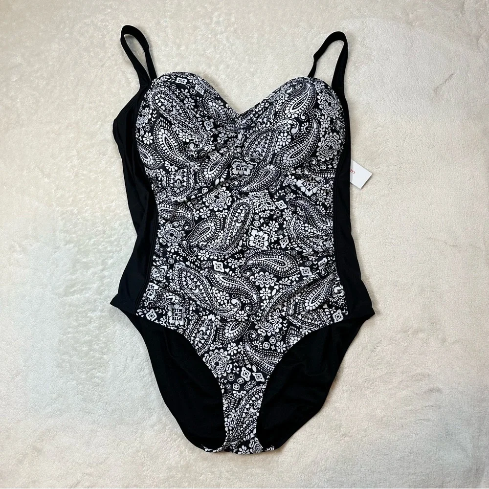 Liz Claiborne Black White Paisley One-Piece Swimsuit Ruched Belly Plus Swim